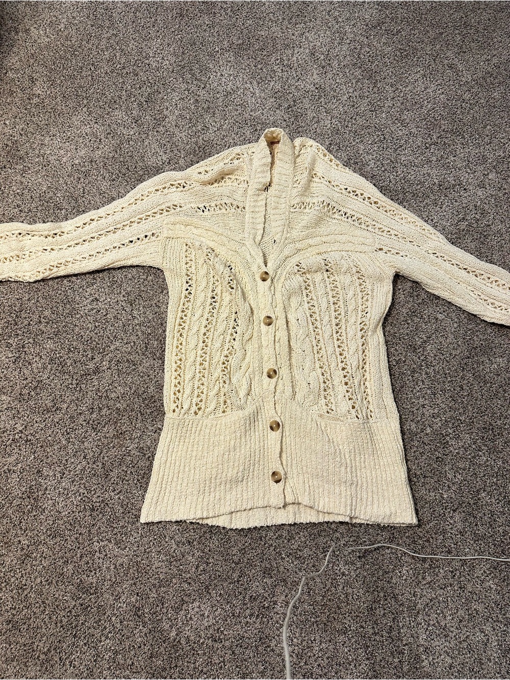 Free People Cream Open-Knit Button-Front Women's Sweater Cardigan